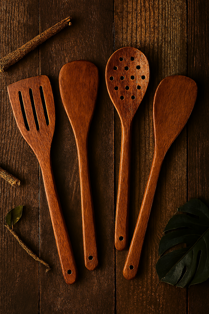 Pack Of 4 - Wooden Spoon Set - Light Brown Kitchen Tools & Gadgets | Kitchen Essentials for Daily Meal Preparation, Suitable for All Types of Cooks from Beginners to Experts.