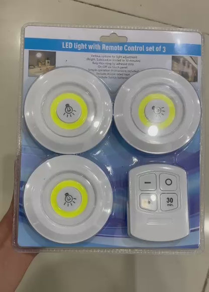 Pack Of 3 LED Remote Control Lights | Tap Light For Cabinet Wardrobe Room Kitchen & Office Use | Self-adhesive Lights With Remote (Cell Operated)